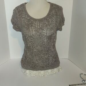 INC Lace Trim Short Sleeve Open Knit Sweater  Womens Size Large Y2K